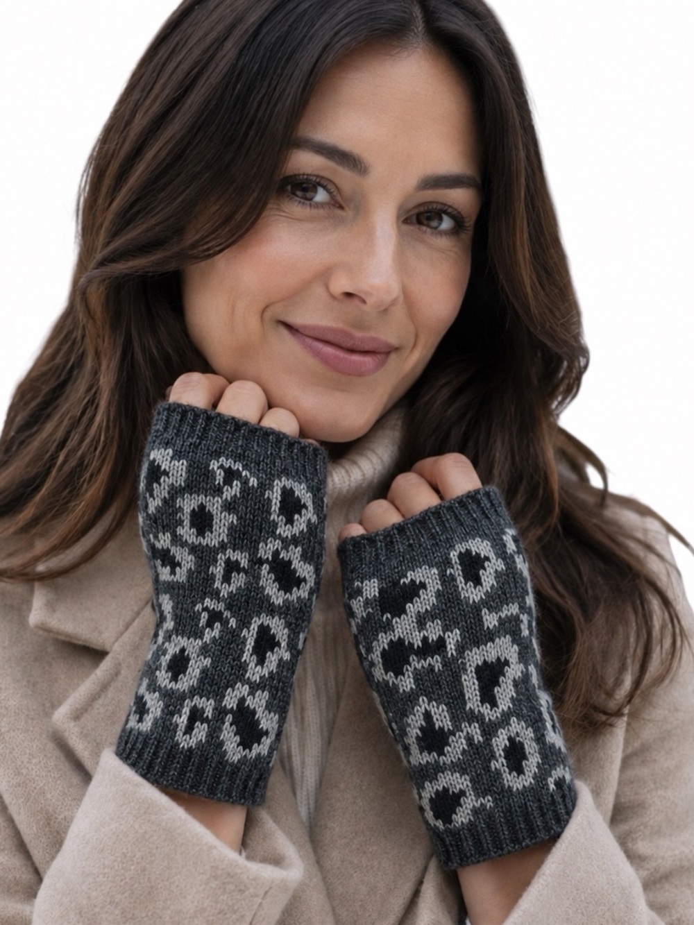Portolano Leopard Print Wool Angora Cashmere Fingerless Gloves NWOT